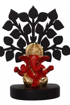 eCraftIndia Gold Plated Red Mukut Ganesha Decorative Showpiece with Wooden Tree for Home/Temple/Office/Car Dashboard