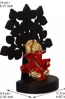 eCraftIndia Gold Plated Red Mukut Ganesha Decorative Showpiece with Wooden Tree for Home/Temple/Office/Car Dashboard