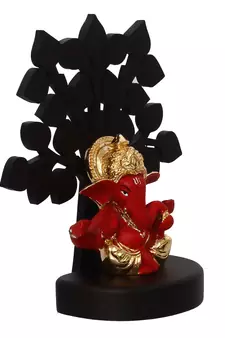 eCraftIndia Gold Plated Red Mukut Ganesha Decorative Showpiece with Wooden Tree for Home/Temple/Office/Car Dashboard