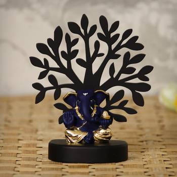 eCraftIndia Gold Plated Blue Appu Ganesha Decorative Showpiece with Wooden Tree for Home/Temple/Office/Car Dashboard 1