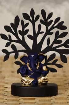 eCraftIndia Gold Plated Blue Appu Ganesha Decorative Showpiece with Wooden Tree for Home/Temple/Office/Car Dashboard