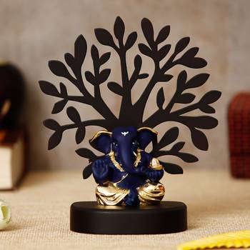 eCraftIndia Gold Plated Blue Appu Ganesha Decorative Showpiece with Wooden Tree for Home/Temple/Office/Car Dashboard 2