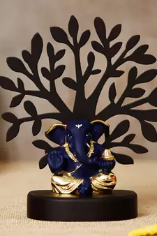 eCraftIndia Gold Plated Blue Appu Ganesha Decorative Showpiece with Wooden Tree for Home/Temple/Office/Car Dashboard