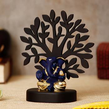 eCraftIndia Gold Plated Blue Appu Ganesha Decorative Showpiece with Wooden Tree for Home/Temple/Office/Car Dashboard 3