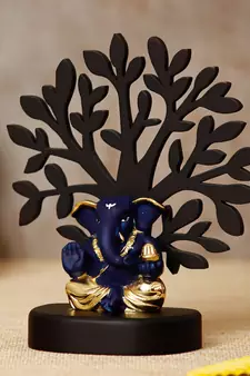 eCraftIndia Gold Plated Blue Appu Ganesha Decorative Showpiece with Wooden Tree for Home/Temple/Office/Car Dashboard