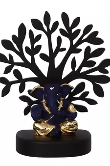 eCraftIndia Gold Plated Blue Appu Ganesha Decorative Showpiece with Wooden Tree for Home/Temple/Office/Car Dashboard