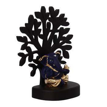 eCraftIndia Gold Plated Blue Appu Ganesha Decorative Showpiece with Wooden Tree for Home/Temple/Office/Car Dashboard 6
