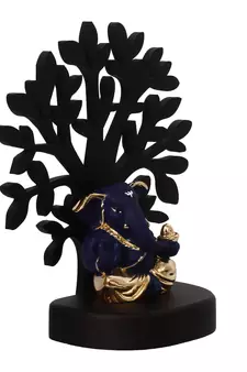 eCraftIndia Gold Plated Blue Appu Ganesha Decorative Showpiece with Wooden Tree for Home/Temple/Office/Car Dashboard