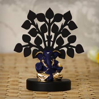 eCraftIndia Gold Plated Blue Appu Ganesha Decorative Showpiece with Wooden Tree for Home/Temple/Office/Car Dashboard 1