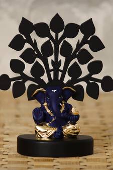 eCraftIndia Gold Plated Blue Appu Ganesha Decorative Showpiece with Wooden Tree for Home/Temple/Office/Car Dashboard