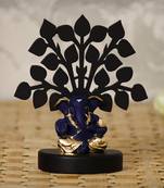 eCraftIndia Gold Plated Blue Appu Ganesha Decorative Showpiece with Wooden Tree for Home/Temple/Office/Car Dashboard