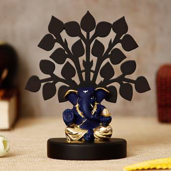 eCraftIndia Gold Plated Blue Appu Ganesha Decorative Showpiece with Wooden Tree for Home/Temple/Office/Car Dashboard 2