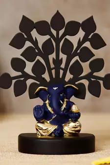 eCraftIndia Gold Plated Blue Appu Ganesha Decorative Showpiece with Wooden Tree for Home/Temple/Office/Car Dashboard