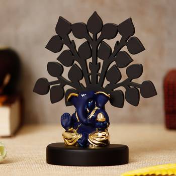 eCraftIndia Gold Plated Blue Appu Ganesha Decorative Showpiece with Wooden Tree for Home/Temple/Office/Car Dashboard 3