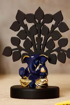 eCraftIndia Gold Plated Blue Appu Ganesha Decorative Showpiece with Wooden Tree for Home/Temple/Office/Car Dashboard
