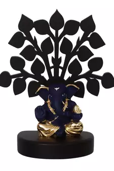 eCraftIndia Gold Plated Blue Appu Ganesha Decorative Showpiece with Wooden Tree for Home/Temple/Office/Car Dashboard