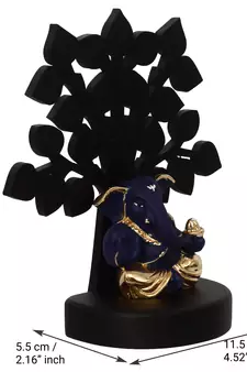 eCraftIndia Gold Plated Blue Appu Ganesha Decorative Showpiece with Wooden Tree for Home/Temple/Office/Car Dashboard