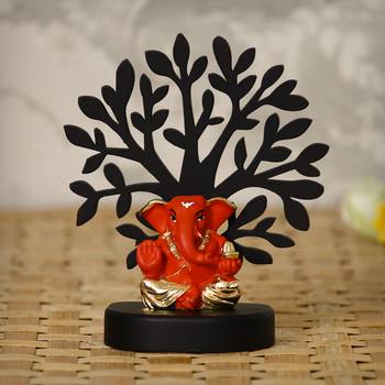 eCraftIndia Gold Plated Orange Appu Ganesha Decorative Showpiece with Wooden Tree for Home/Temple/Office/Car Dashboard 1