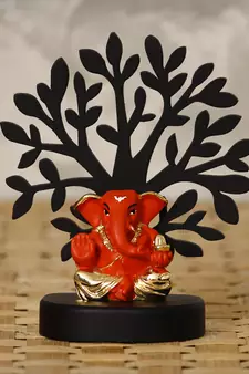 eCraftIndia Gold Plated Orange Appu Ganesha Decorative Showpiece with Wooden Tree for Home/Temple/Office/Car Dashboard