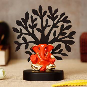 eCraftIndia Gold Plated Orange Appu Ganesha Decorative Showpiece with Wooden Tree for Home/Temple/Office/Car Dashboard 2