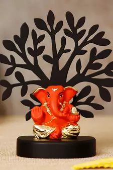 eCraftIndia Gold Plated Orange Appu Ganesha Decorative Showpiece with Wooden Tree for Home/Temple/Office/Car Dashboard