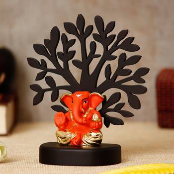 eCraftIndia Gold Plated Orange Appu Ganesha Decorative Showpiece with Wooden Tree for Home/Temple/Office/Car Dashboard 3
