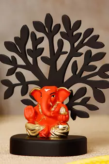 eCraftIndia Gold Plated Orange Appu Ganesha Decorative Showpiece with Wooden Tree for Home/Temple/Office/Car Dashboard