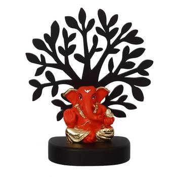 eCraftIndia Gold Plated Orange Appu Ganesha Decorative Showpiece with Wooden Tree for Home/Temple/Office/Car Dashboard 4