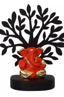 eCraftIndia Gold Plated Orange Appu Ganesha Decorative Showpiece with Wooden Tree for Home/Temple/Office/Car Dashboard