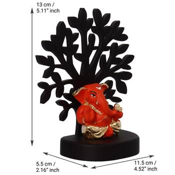 eCraftIndia Gold Plated Orange Appu Ganesha Decorative Showpiece with Wooden Tree for Home/Temple/Office/Car Dashboard 5