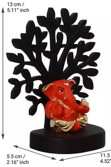 eCraftIndia Gold Plated Orange Appu Ganesha Decorative Showpiece with Wooden Tree for Home/Temple/Office/Car Dashboard