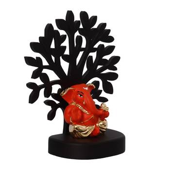 eCraftIndia Gold Plated Orange Appu Ganesha Decorative Showpiece with Wooden Tree for Home/Temple/Office/Car Dashboard 6