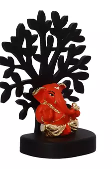 eCraftIndia Gold Plated Orange Appu Ganesha Decorative Showpiece with Wooden Tree for Home/Temple/Office/Car Dashboard