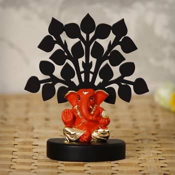eCraftIndia Gold Plated Orange Appu Ganesha Decorative Showpiece with Wooden Tree for Home/Temple/Office/Car Dashboard 1