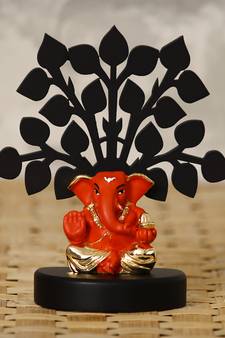 eCraftIndia Gold Plated Orange Appu Ganesha Decorative Showpiece with Wooden Tree for Home/Temple/Office/Car Dashboard