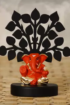 eCraftIndia Gold Plated Orange Appu Ganesha Decorative Showpiece with Wooden Tree for Home/Temple/Office/Car Dashboard
