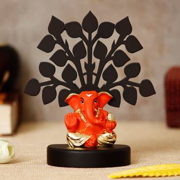 eCraftIndia Gold Plated Orange Appu Ganesha Decorative Showpiece with Wooden Tree for Home/Temple/Office/Car Dashboard 2