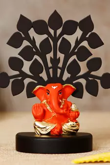 eCraftIndia Gold Plated Orange Appu Ganesha Decorative Showpiece with Wooden Tree for Home/Temple/Office/Car Dashboard