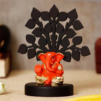 eCraftIndia Gold Plated Orange Appu Ganesha Decorative Showpiece with Wooden Tree for Home/Temple/Office/Car Dashboard 3