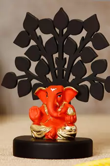 eCraftIndia Gold Plated Orange Appu Ganesha Decorative Showpiece with Wooden Tree for Home/Temple/Office/Car Dashboard