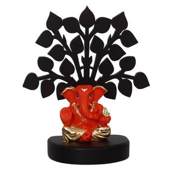 eCraftIndia Gold Plated Orange Appu Ganesha Decorative Showpiece with Wooden Tree for Home/Temple/Office/Car Dashboard 4