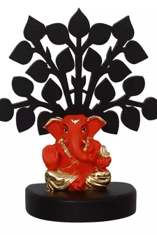 eCraftIndia Gold Plated Orange Appu Ganesha Decorative Showpiece with Wooden Tree for Home/Temple/Office/Car Dashboard