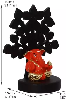 eCraftIndia Gold Plated Orange Appu Ganesha Decorative Showpiece with Wooden Tree for Home/Temple/Office/Car Dashboard