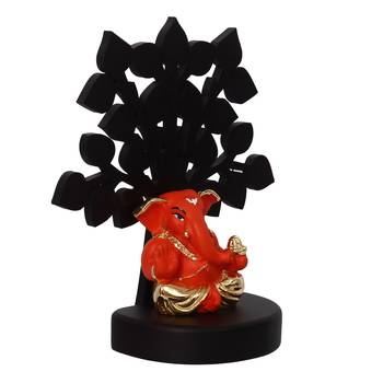 eCraftIndia Gold Plated Orange Appu Ganesha Decorative Showpiece with Wooden Tree for Home/Temple/Office/Car Dashboard 6