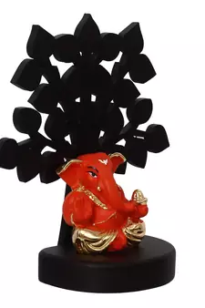 eCraftIndia Gold Plated Orange Appu Ganesha Decorative Showpiece with Wooden Tree for Home/Temple/Office/Car Dashboard