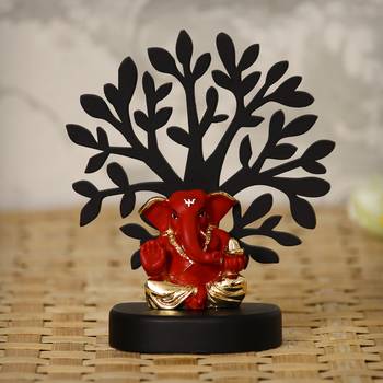 eCraftIndia Gold Plated Red Appu Ganesha Decorative Showpiece with Wooden Tree for Home/Temple/Office/Car Dashboard 1
