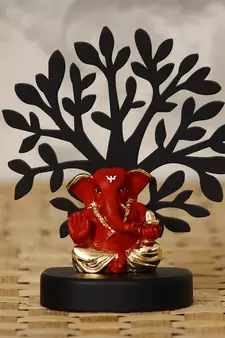 eCraftIndia Gold Plated Red Appu Ganesha Decorative Showpiece with Wooden Tree for Home/Temple/Office/Car Dashboard