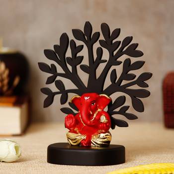 eCraftIndia Gold Plated Red Appu Ganesha Decorative Showpiece with Wooden Tree for Home/Temple/Office/Car Dashboard 2