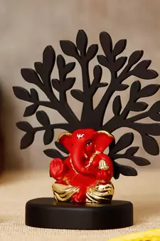 eCraftIndia Gold Plated Red Appu Ganesha Decorative Showpiece with Wooden Tree for Home/Temple/Office/Car Dashboard