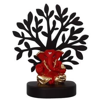 eCraftIndia Gold Plated Red Appu Ganesha Decorative Showpiece with Wooden Tree for Home/Temple/Office/Car Dashboard 3